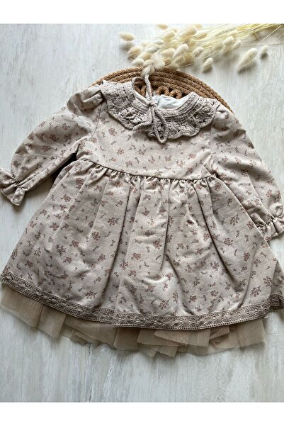 miomini Fukukum Baby Naturel Yakalı Eteği Tül Detaylı Kız Bebek Elbise Kahverengi