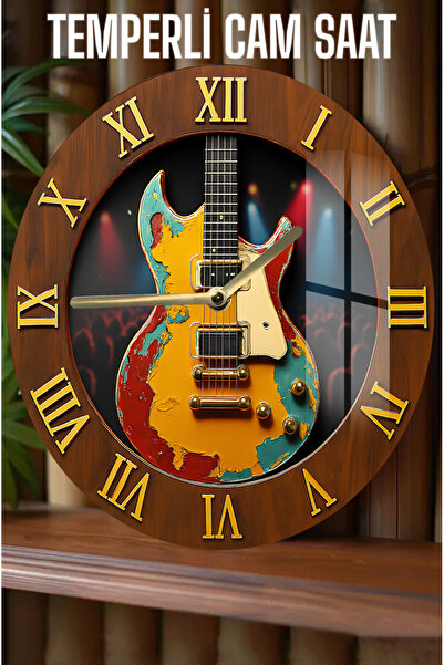 kutuTR Retro Tarzı Elektro Gitar Tasarımlı 3D Görünümlü Temperli Cam Saat – 33 cm CSDW424