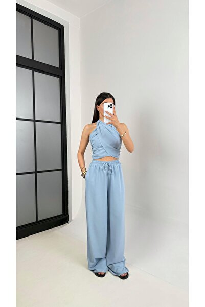 Gaus Mavi Boyundan Bağlamalı Crop Beli Lastikli Cepli Pantolon Keten Takım Ga...