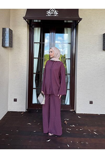 Miraydın Butik Women's Stone Print Shirt and Pants Set M41411 - Burgundy