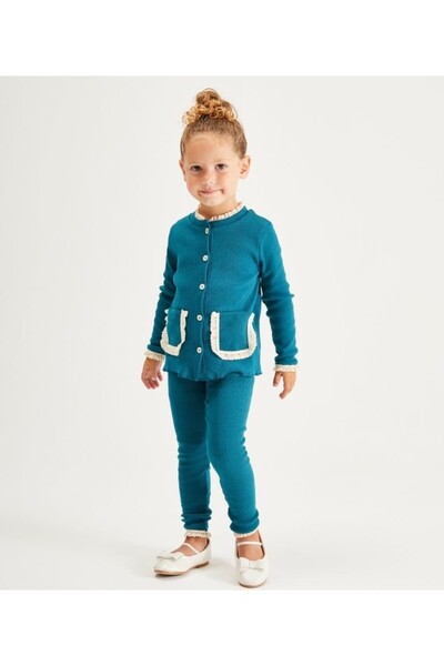 Pinkitokids Fisto Detailed Knitwear Girl's Cardigan and Leggings Set-Turquoise