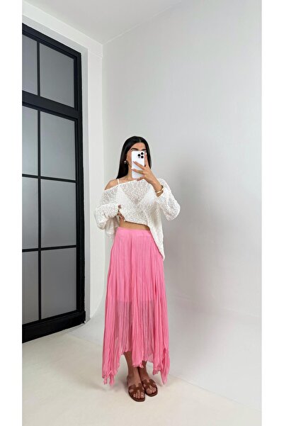 Gaus Pembe Astarlı Kırışık Şifon Muadil Etek Gaus00447