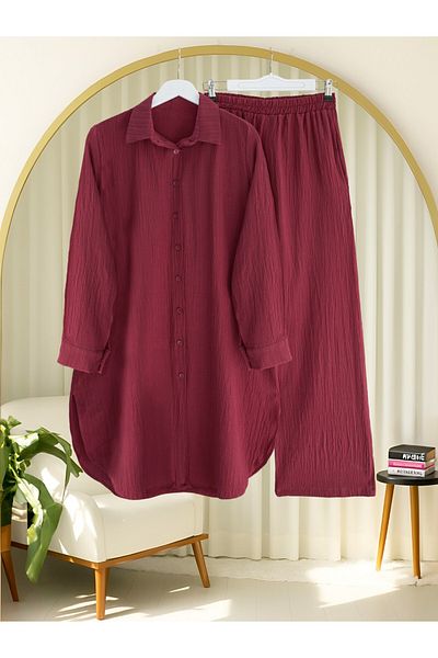 Modamorfo Buttoned Long Trousers Crinkle Suit - Burgundy