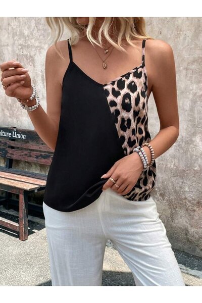 leyla sanat sanata yeni bir bakış açısı Leyla Sanat Sanata a New Perspective Women's Leopard Print V-Neck Viscose Blouse with Rope Strap