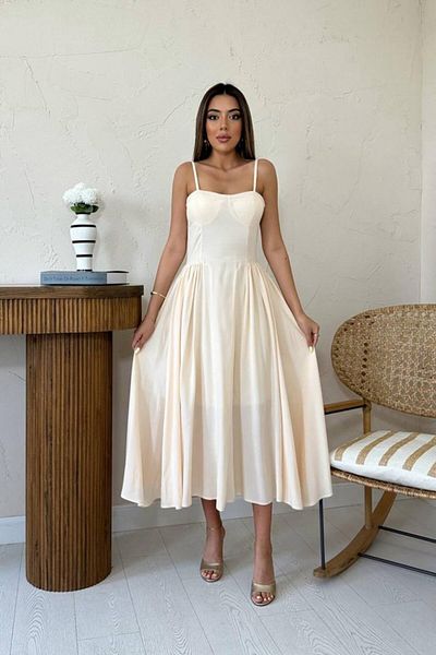 leyla sanat sanata yeni bir bakış açısı Leyla Art Art a New Perspective Beige Breast Cup Long Drawstring Dress