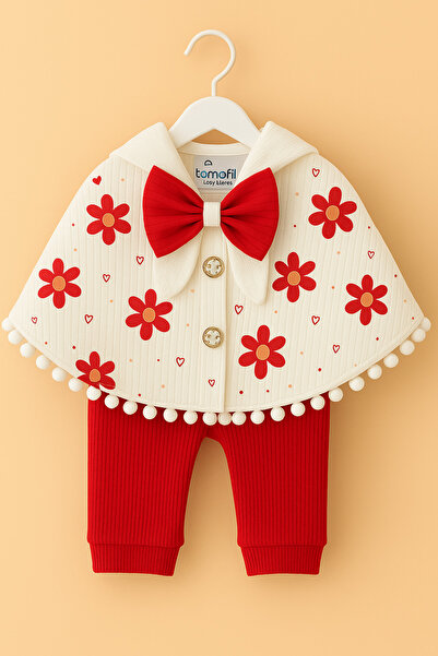 mini kanka Ponpon Detaylı Çiçek Desenli Bebek Panço Takımı Uzun Kollu Badi 0-18 Ay Kız Bebek Takım %100 Pamuk