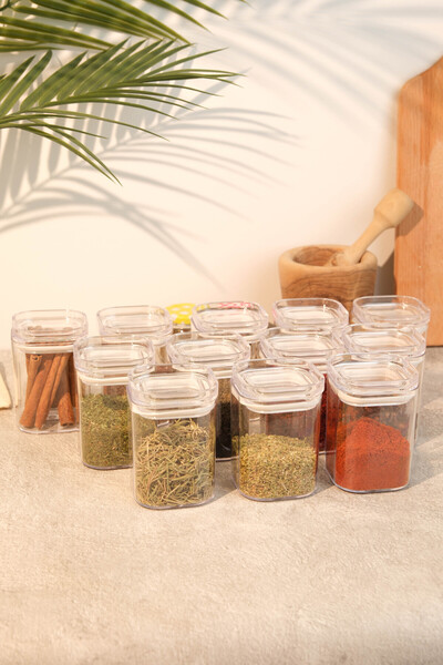 AYEM HOME Set of 12 200ml Vacuum Lid Spice Containers - Leakproof Seal - Acrylic Storage Container with Labels as Gifts