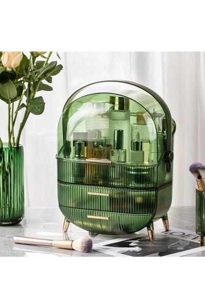 Kardett Green cosmetic organizer with 3 drawers, transparent lid, makeup box for bathroom, bedroom or