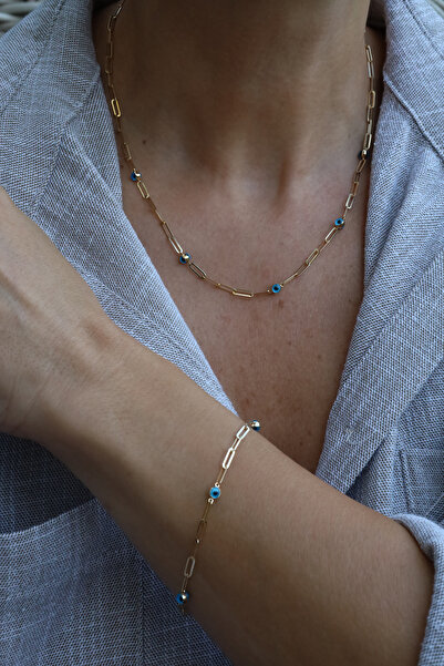 Yenigün Kuyumculuk 14 Ayar Altın Ataç Zincirli Göz Detaylı Set