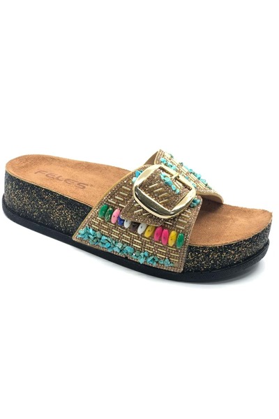KOCAMANLAR Feles Single Buckle Cork Sole Stone Detailed Women's Slippers Gold