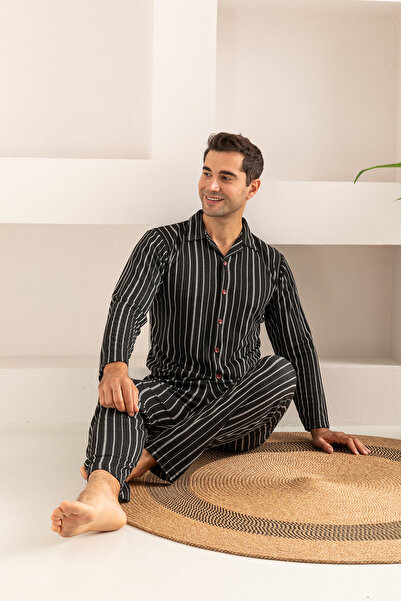 BAMBUTKİDS %100 Pamuk Jakarlı Düğmeli Erkek Pijama Takımı – Çizgili Klasik Model