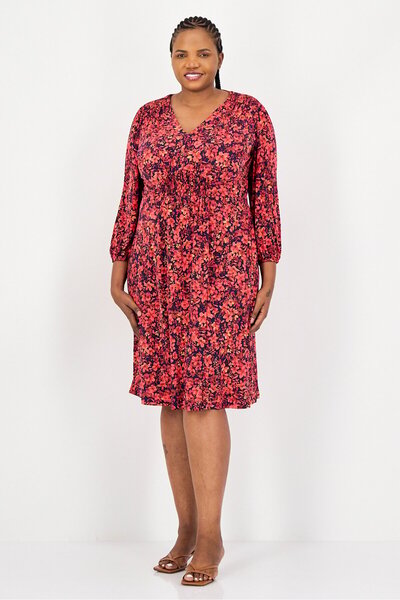 LONDON TIMES Women Plus Size Smocked Waist Midi Dress, Multicolor