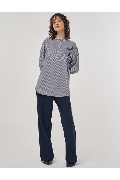 KYR Embroidery Appliqued Bead Detailed Judge Collar Tunic Navy Blue