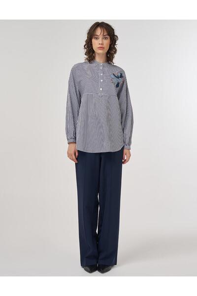 KYR Embroidery Appliqued Bead Detailed Judge Collar Tunic Navy Blue