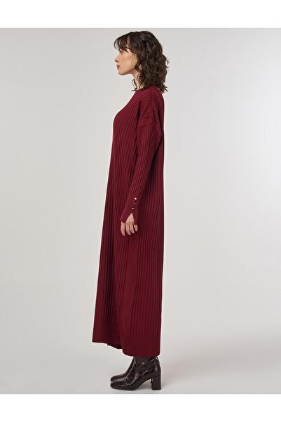 Kayra Fitilli Bisiklet Yaka Triko Maksi Elbise Bordo