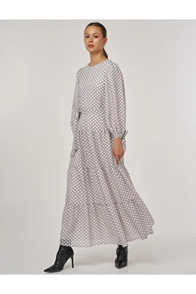Kayra Patterned Balloon Sleeve Belted Dress Black