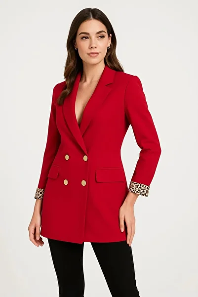 MODA Women's Red Swallow Collar Gold Buttoned Blazer Leopard Cuff Jacket - Red