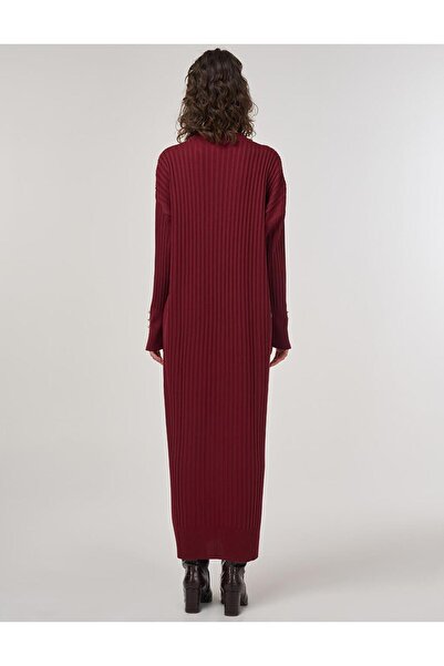 Kayra Fitilli Bisiklet Yaka Triko Maksi Elbise Bordo