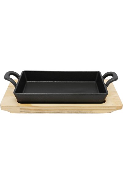 erorex 20Cm*12.5Cm Rectangular Cast Iron Skillet Side Handles Wooden Base | Roasting Pan Cooking Grilling
