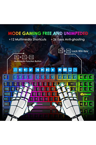erorex مجموعة لوحة مفاتيح وماوس للألعاب، 88 مفتاحًا، لوحة مفاتيح ميكانيكية بإضاءة خلفية بألوان قوس قزح، إضاءة خلفية RGB