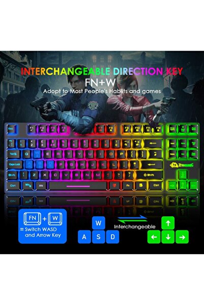 erorex مجموعة لوحة مفاتيح وماوس للألعاب، 88 مفتاحًا، لوحة مفاتيح ميكانيكية بإضاءة خلفية بألوان قوس قزح، إضاءة خلفية RGB