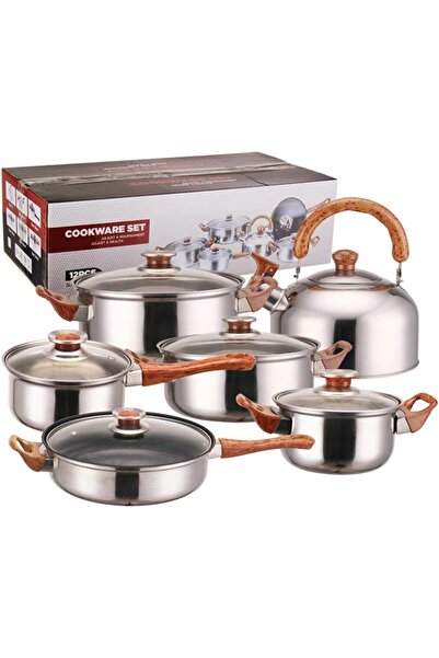 erorex مجموعة من 12 قطعة من أواني الطهي المصنوعة من الفولاذ المقاوم للصدأ، بمقبض ذهبي/خشبي، تعمل بالحث الاحترافي