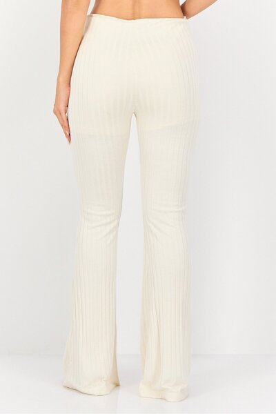 Koton Women Regular Fit Wide Leg Ribbed Palazzo Pants, Beige