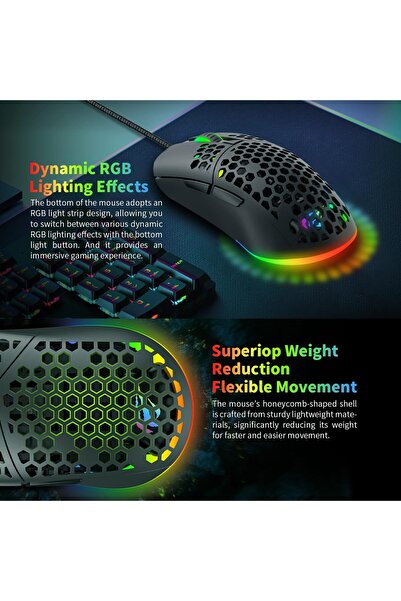 erorex ماوس ألعاب سلكي RGB خفيف الوزن للغاية مع هيكل قرص العسل بدقة 7200 نقطة في البوصة و7 أزرار قابلة للبرمجة
