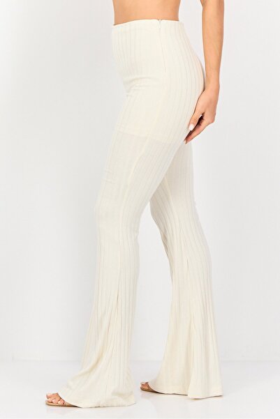 Koton Women Regular Fit Wide Leg Ribbed Palazzo Pants, Beige