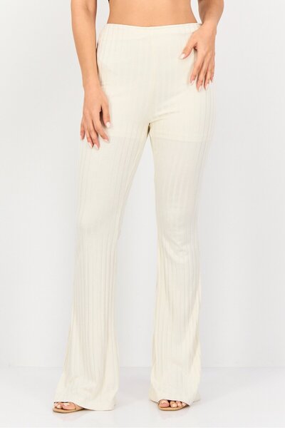 Koton Women Regular Fit Wide Leg Ribbed Palazzo Pants, Beige