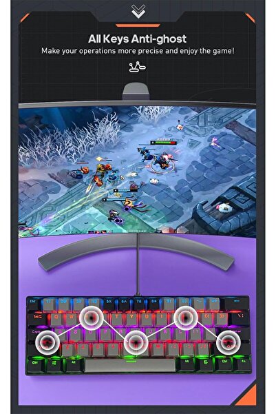 erorex لوحة مفاتيح ألعاب RGB مكونة من 61 مفتاحًا، سلكية صغيرة الحجم بنسبة 60%، مقاومة للماء ومضادة للظلال، غطائي مفاتيح بلونين أحمر