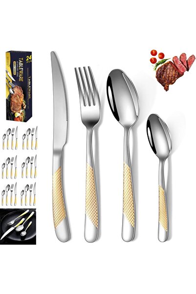 erorex Cutlery Set, 24Pcs Tableware Flatware Kit Stainless Steel Kitchen Utensils Set 6 Persons, Mirror