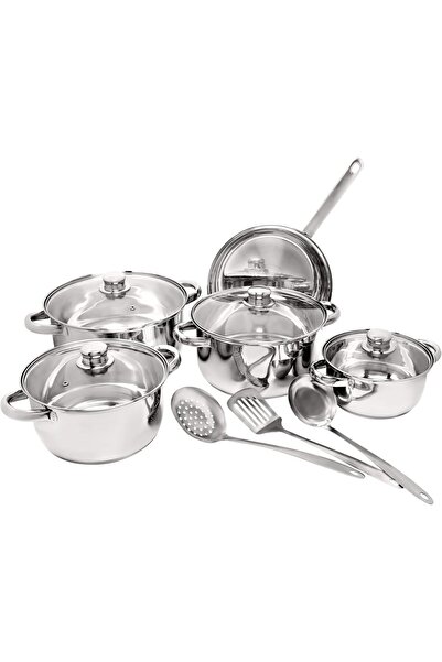 erorex طقم أواني طهي من الفولاذ المقاوم للصدأ ١٨/١٠ (١٢ قطعة) | غطاء زجاجي مع ٣ أدوات مطبخ