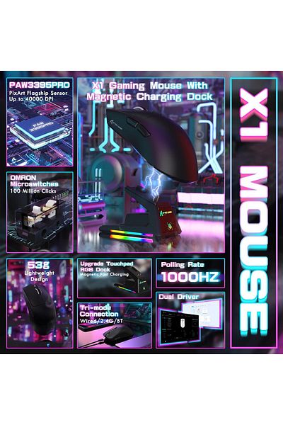 erorex X1 Ultralight Wireless Gaming Mouse Magnetic Rgb Charging Dock Anti Slip Grip Tape Pixart Paw3395
