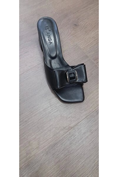 Işıltı kidss Veor black leather high heel slippers