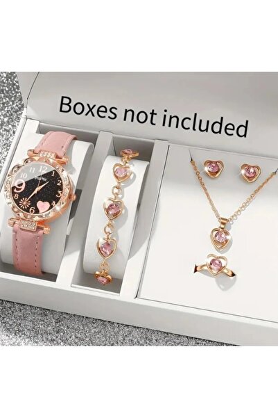 stainless steell VİP pembe renk suni deri kayış kuvars saat 6 parça şık set