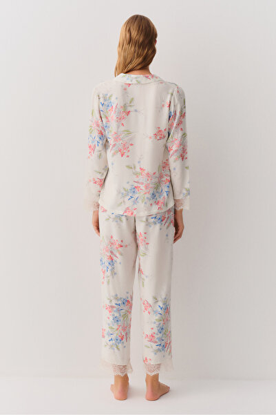 SUWEN Flower Shirt Collar Pajama Set