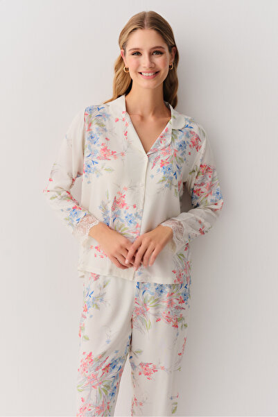 SUWEN Flower Shirt Collar Pajama Set