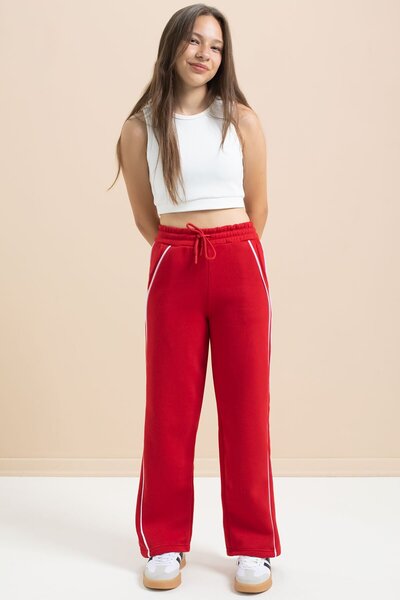 Cansın Mini Red Wide Leg Girls' Raised Sweatpants with Stripes on the Sides 21465