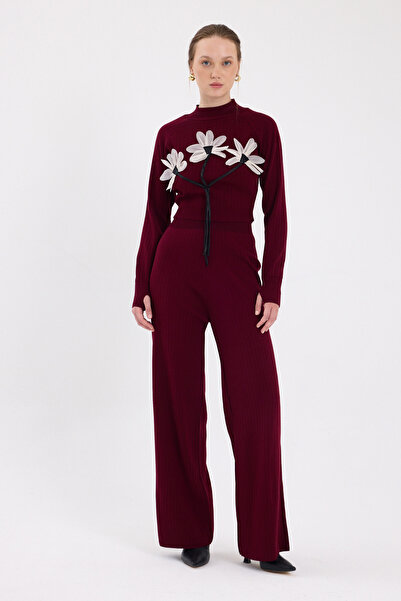 Rays Burgundy Floral Detailed Knitwear Bottom Top Women's Set 7075