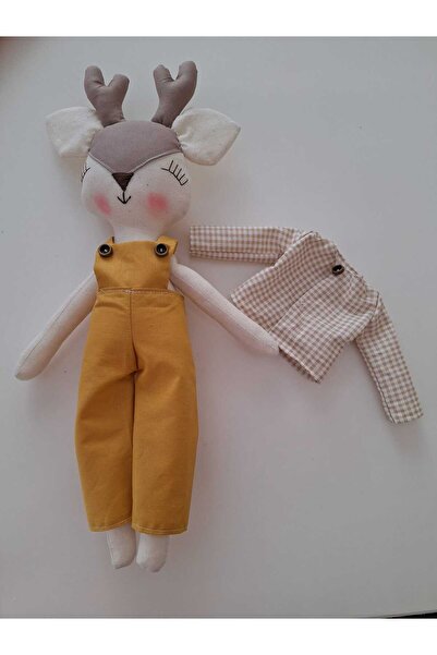 BERLİNA DOLLS Oyun&uyku Arkadaşı El Yapımı Oynar Kollu - Tak Çıkar Tulum Gömlekli Organik Bay Geyik-boyu:37cm