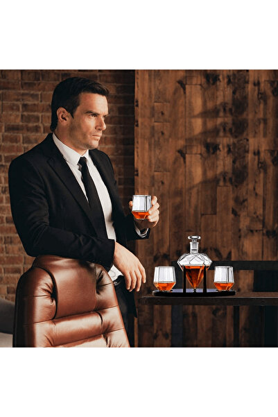 Elindor Set de decantoare pentru whisky în formă de diamant cu 2 pahare și suport din lemn de mahon, 750 ml, elegant