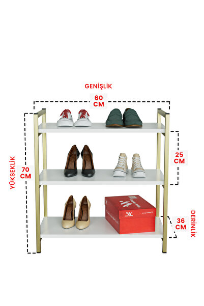 Hediyeler Kapında 3 Raflı Ayakkabılık Antre Hol Ayakkabı Standı Gold Metal