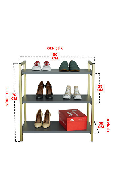 Hediyeler Kapında 3 Raflı Ayakkabılık Antre Hol Ayakkabı Standı Gold Metal