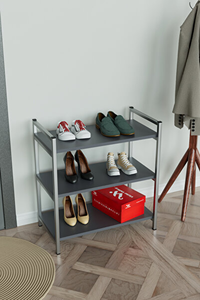 Hediyeler Kapında 3 Raflı Ayakkabılık Antre Hol Ayakkabı Standı Gümüş Metal