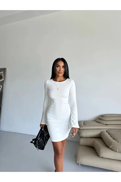 hazelin Women's White Long Sleeve Ottoman Fabric Dress Hzl25W-Fry123341