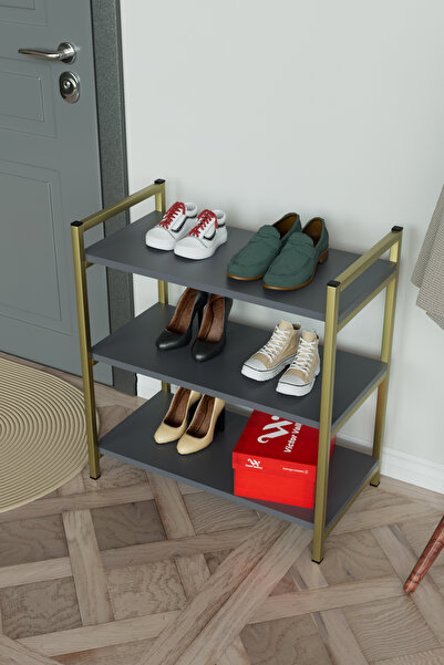 Hediyeler Kapında 3 Raflı Ayakkabılık Antre Hol Ayakkabı Standı Gold Metal