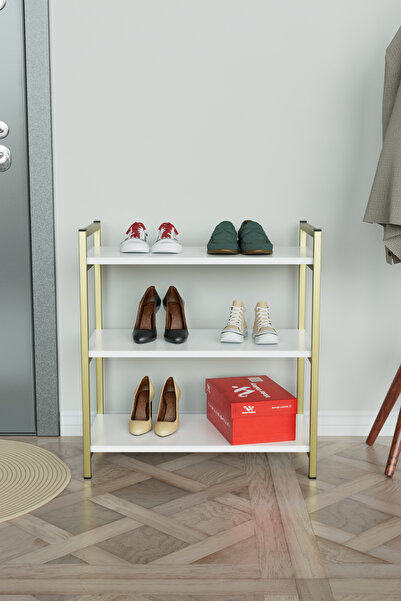 Hediyeler Kapında 3 Raflı Ayakkabılık Antre Hol Ayakkabı Standı Gold Metal