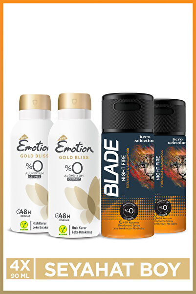Emotion Gold Bliss Kadın Deodorant & Blade Night Fire Erkek Deodorant 4x90 Ml Seyahat Seti