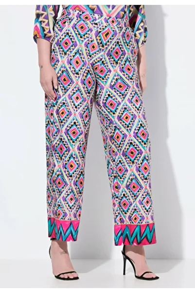 Şans Women's Plus Size Purple, Side Pockets, Relaxed Fit, Elastic Waist Patterned Trousers 65N39104